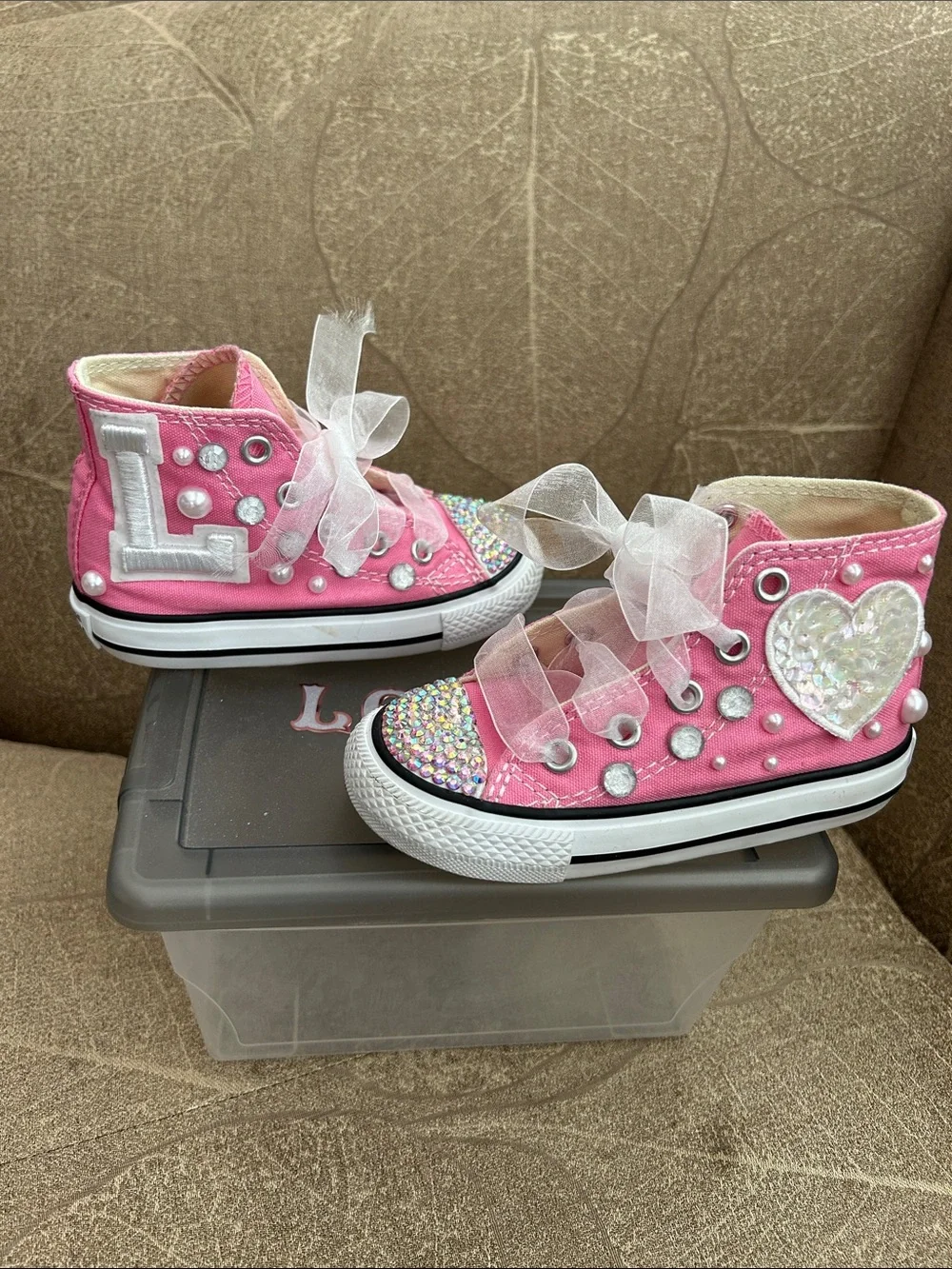 Converse Kids Pink High-Top Sneakers with Rhinestone Toe & Pearl Accents